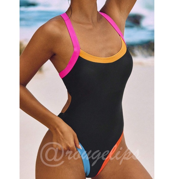 Black One Piece Criss Cross Monokini Swimsuit Multi-Color Trim - Picture 5 of 6